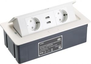 Priza incastrabila in mobilier 2x230V+2×USB 2.1A, fara cablu, alb