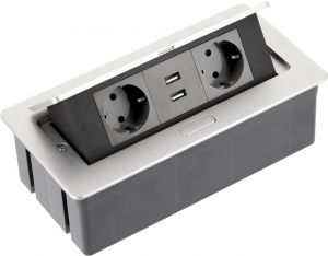 Priza incastrabila in mobilier 2x230V+2×USB 2.1A, fara cablu, aluminiu