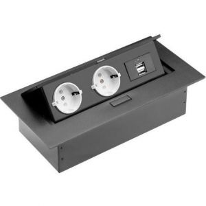 Priza incastrabila in mobilier 2x230V+2×USB, fara cablu, negru