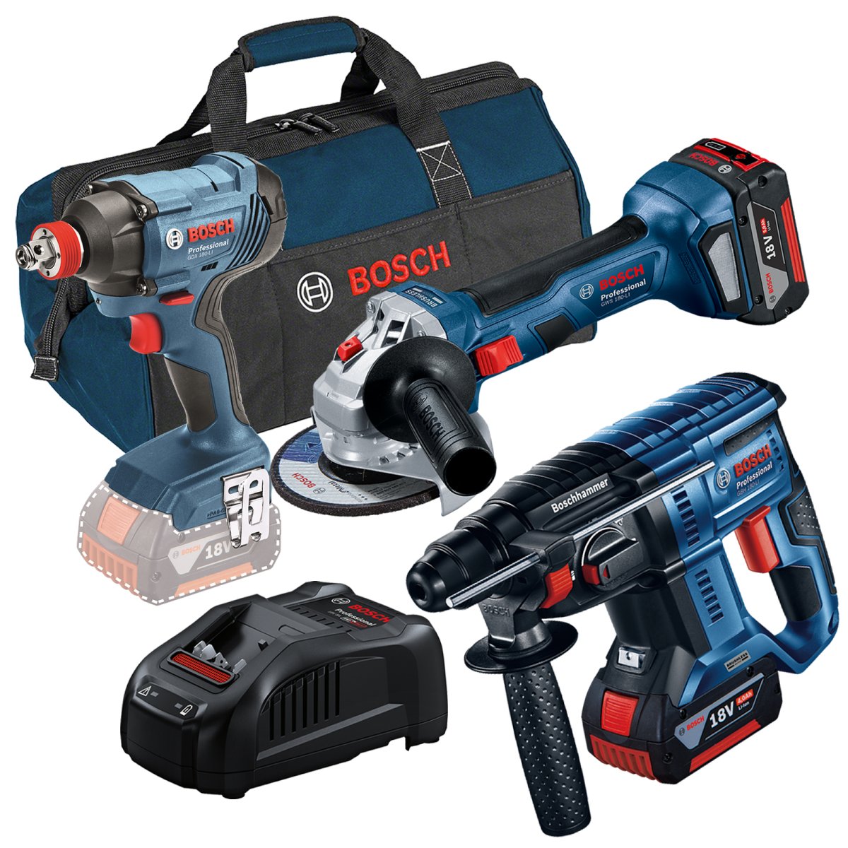Kit 3 scule 18V, Ciocan rotopercutor (GBH 180-LI) Li-Ion, 18V, 2J + Surubelnita cu impact (GDX 180-LI) Li-Ion, 18V, 180Nm + Polizor unghiular (GWS 180-LI) Li-Ion, 18V, 125 mm