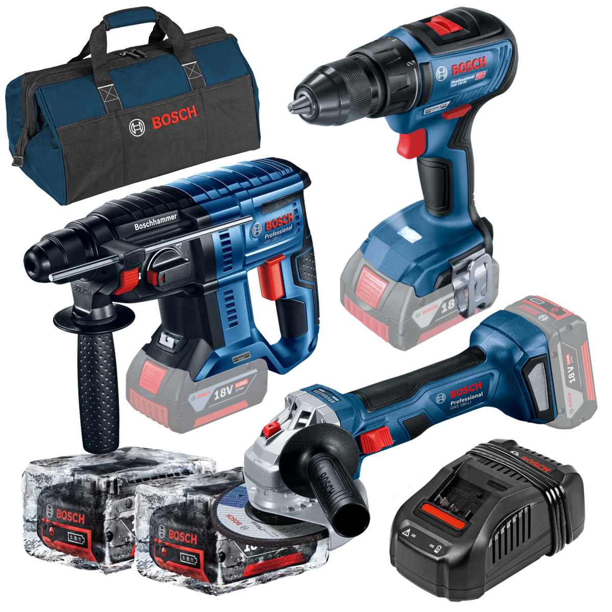 Kit 3 scule 18V, Ciocan rotopercutor (GBH 180-LI) Li-Ion, 18V, 2J + Masina de gaurit si insurubat (GSR 18V-50) Li-Ion, 18V, 50Nm + Polizor unghiular (GWS 180-LI) Li-Ion, 18V, 125 mm