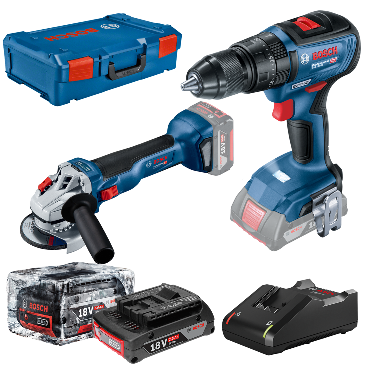 Kit 2 scule 18V Masina de gaurit cu percutie (GSB 18V-50) 18V, Li-Ion, 50Nm, + Polizor unghiular (GWS 18V-10) 18V, Li-Ion, 125 mm