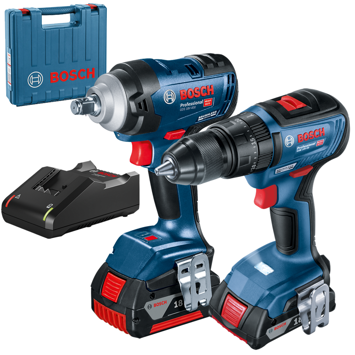 Kit 2 scule 18V, Masina de gaurit cu percutie (GSB 18V-50) Li-Ion, 18V, 50 Nm + Masina de insurubat cu impact (GDS 18V-400) Li-Ion, 18V, 400 Nm