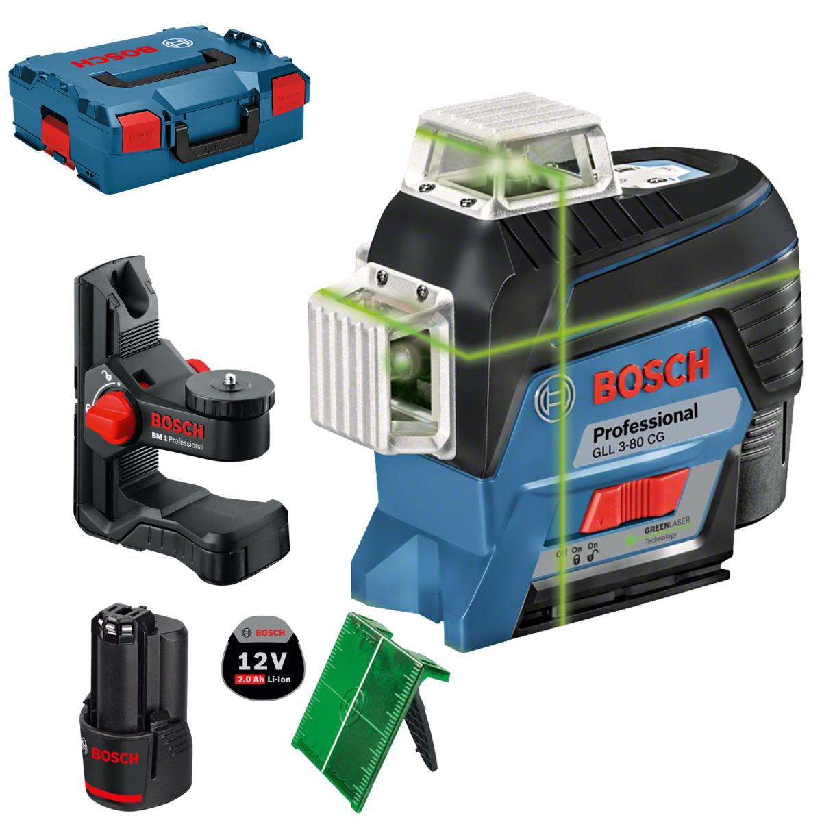 GLL 3-80 CG, Nivela laser cu linii - Verde (30 m) + L-Boxx