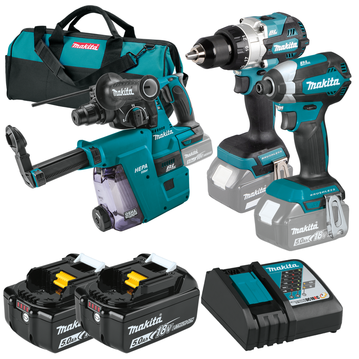Kit 3 scule 18V, Masina de gaurit si insurubat (DDF486Z) 18V LXT, 130Nm + Masina de insurubat cu impact (DTD153Z) 18V LXT, 170 Nm + Ciocan rotopercutor (DHR243Z) 18V LXT, 2J