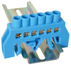 Baretă izolată (N/PE), culoare albastră 230/400VAC, 63A, 6×9mm, 6P, IP20