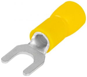 Papuc tip furcă, izolat, cupru electrolitic stanat, galben 6mm2, M5, (d1=3,4mm, d2=5,3mm), PVC