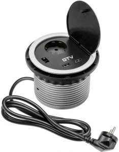 Priza incastrabila in mobilier 1x230V, 2XUSB 5V/2A cu cablu 1.5m si stecher, d:100mm
