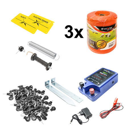 Kit complet gard electric 12/220V, 3 Joule, lungime fir 1500m, 200 izolatori, 2 manere poarta si 2 placute avertizare