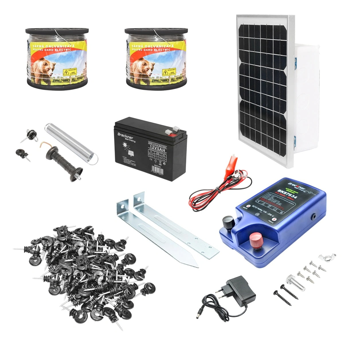 Kit complet gard electric 12/220V, 2 Joule cu panou solar 20W, lungime sarma 1000m, 100 izolatori, kit poarta si baterie 12V/17Ah