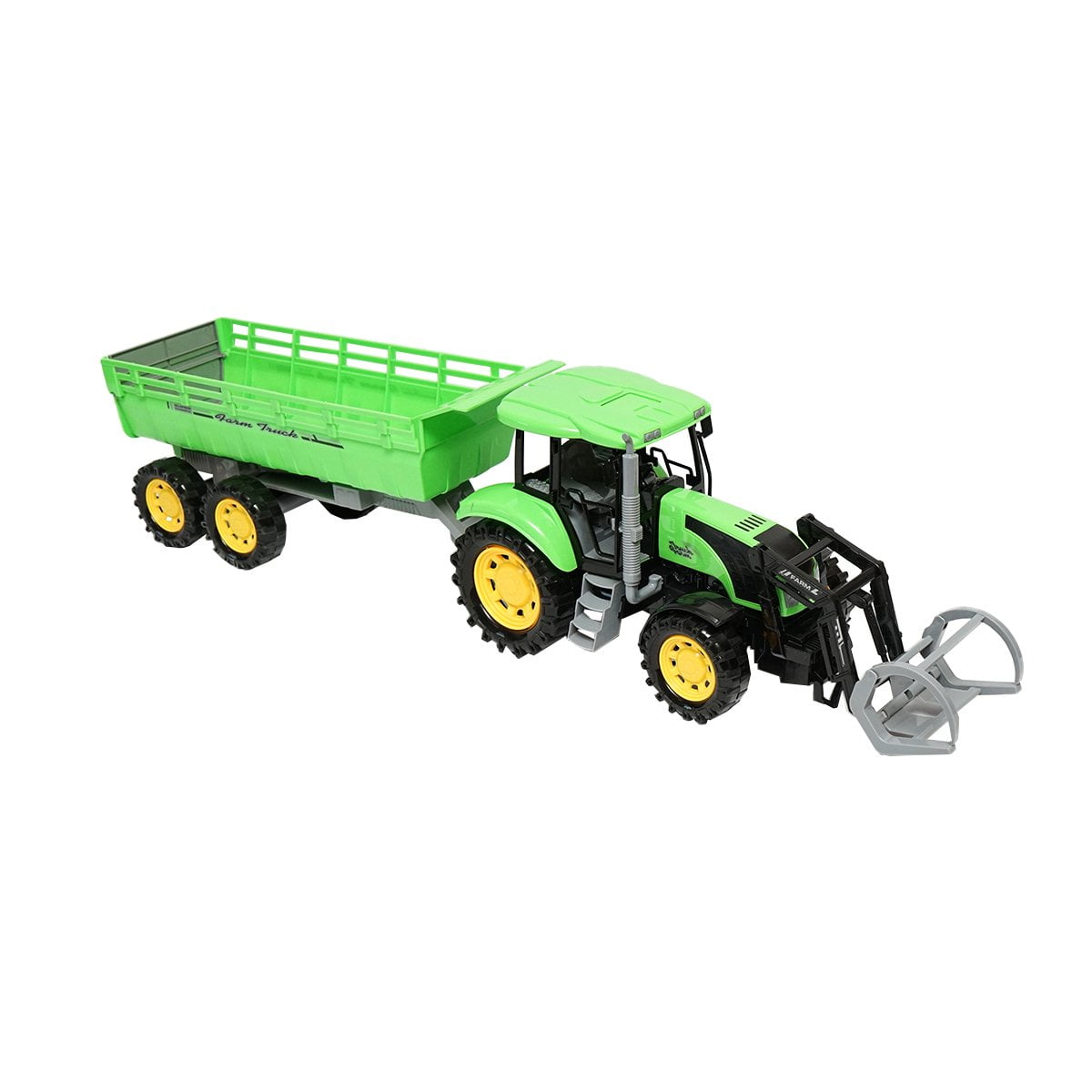 Jucarie Tractor verde cu incarcator frontal si remorca