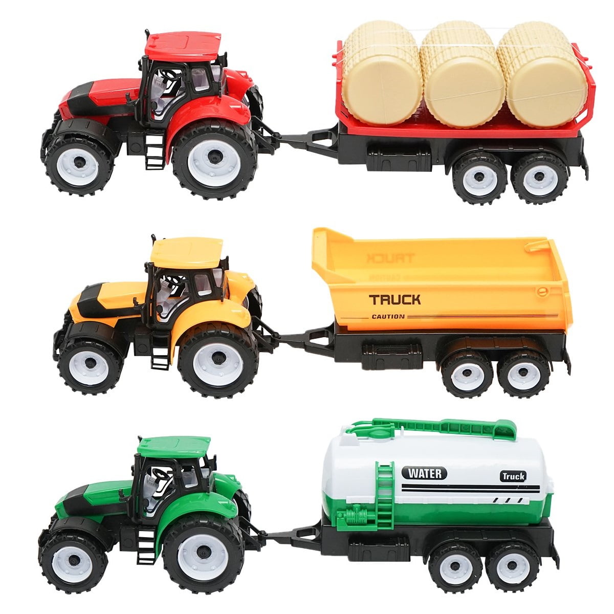 Jucarie set de 3 tractoare rosu galben si verde cu 3 remorci pentru ferma