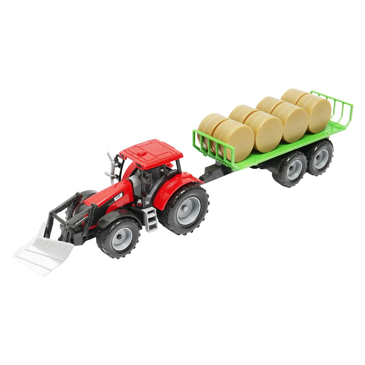 Jucarie Tractor rosu cu incarcator frontal si remorca pentru baloti