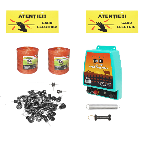 Kit complet gard electric 12V-220V, 6 Joule, lungime fir 2000m, 100 izolatori, kit poarta Breckner Germany