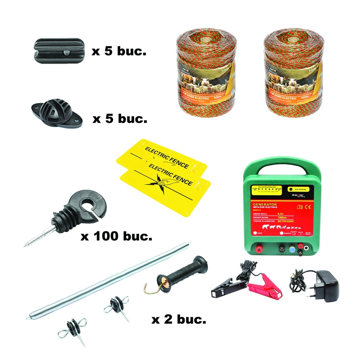 Kit complet gard electric 12/220V, 6.5 Joule, lungime fir 2x500m, 100 izolatori, maner, poarta si 2 placute avertizare Breckner GermanyKit complet gard electric 12/220V, 6.5 Joule, lungime fir 2x500m, 100 izolatori, maner, poarta si 2 placute avertizare Breckner Germany