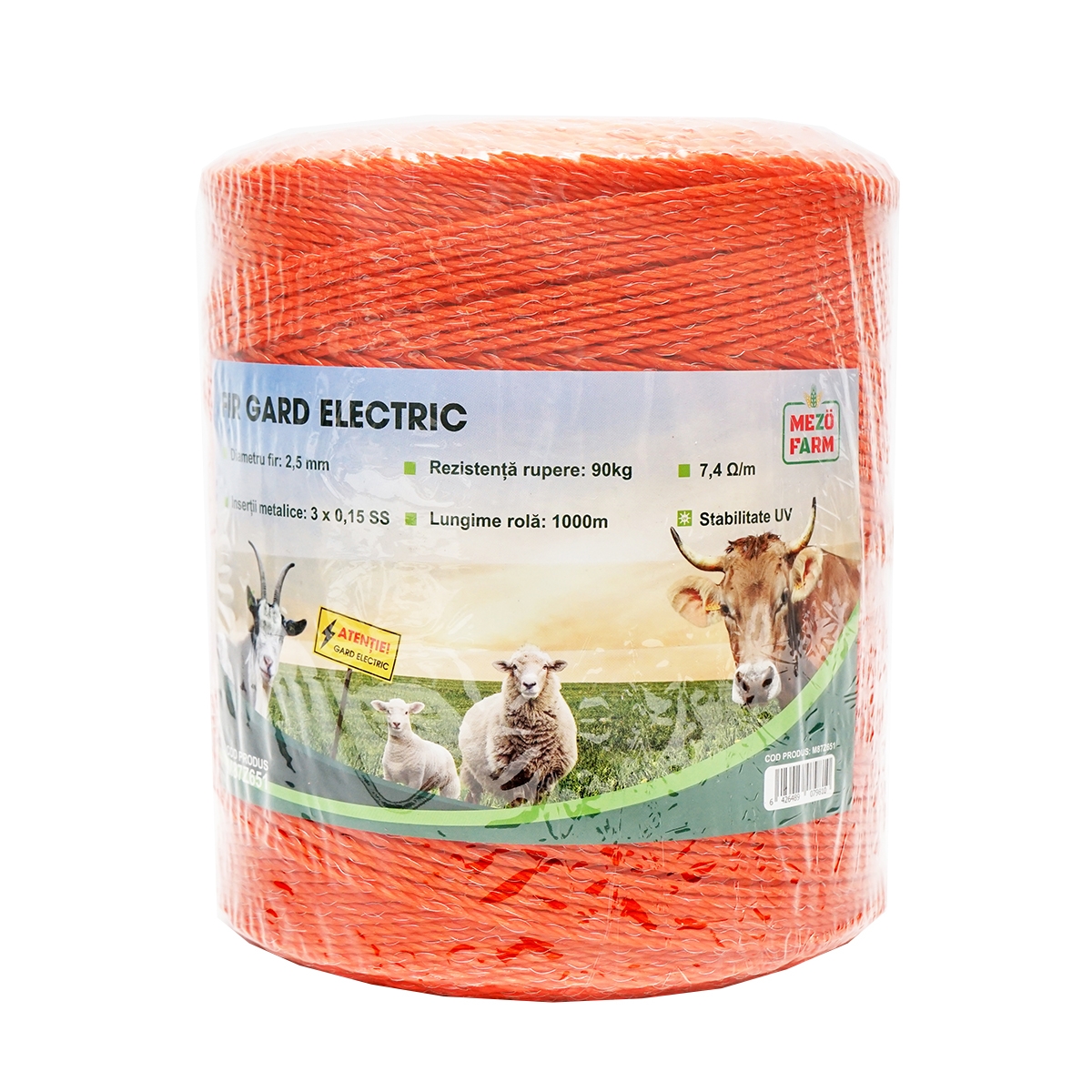 Rola fir portocaliu fi 2.5mm insertie metalica 3x0.15mm SS, rezistenta 7.4 Ohm/m, 1000m gard electric Mezofarm M87Z651