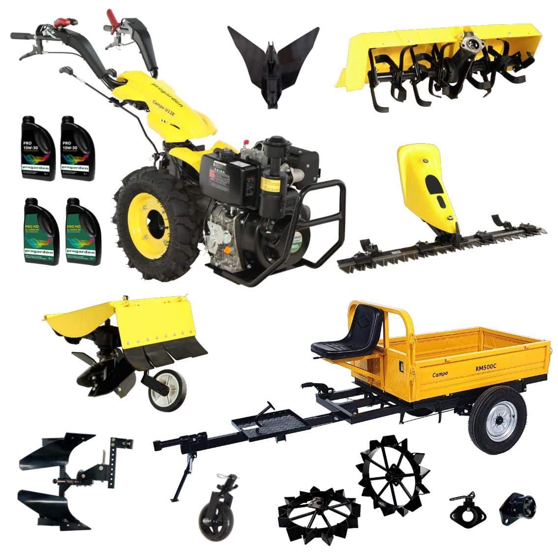 Pachet Campo U12E Motocultor 12CP + RM500C Remorca 500Kg + BC120M Bara cosire + 3xPlug + FT90 Freza tractata + 2xRoti metalice RM47 + 2xCuple + 4L Ulei