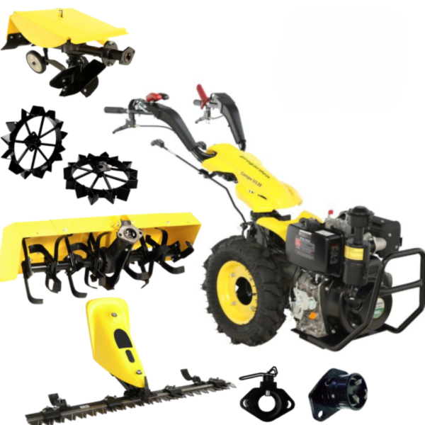 Motocultor multifunctional Campo U12E Diese 12CP cu freza tractata roti metal si plug rotativ si bara de cosire