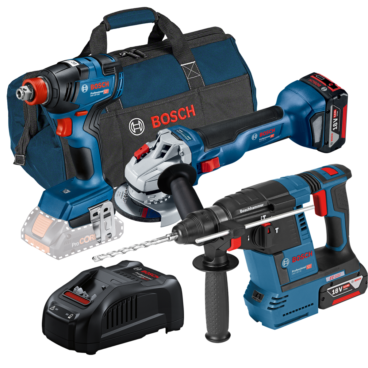 Kit 3 scule Ciocan rotopercutor (GBH 18V-26) Li-Ion, 18V, 2.6J + Surubelnita cu impact (GDX 18V-200) Li-Ion, 18V, 200Nm + Polizor unghiular (GWS 18V-10) Li-Ion, 18V, 125 mm