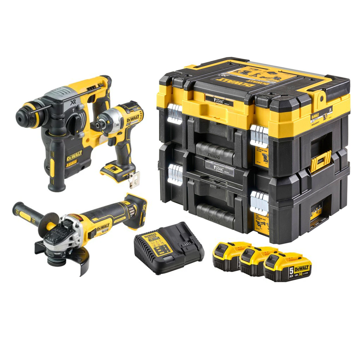 Kit 3 Scule 18V, Surubelnita cu impact Li-Ion, 205 Nm, brushless (DCF887N) + Ciocan Rotopercutor Li-ion, brushless, 2.1 J (DCH273N) + Polizor unghiular Li-Ion, brushless, Ø125 mm (DCG405N)