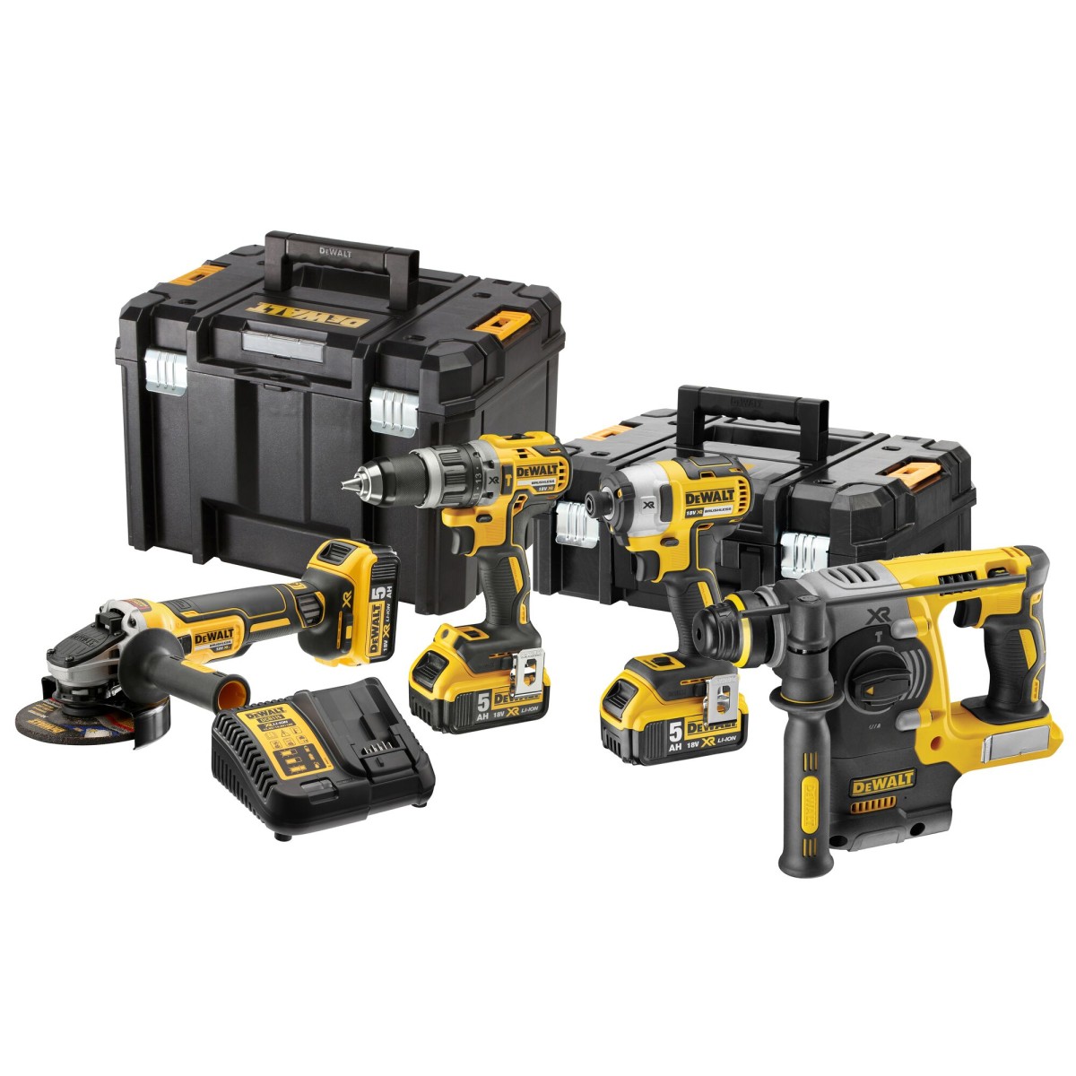 Kit 4 Scule 18V, Surubelnita cu impact Li-Ion, 205 Nm, brushless (DCF887N) + Polizor unghiular Li-Ion, brushless, Ø125 mm (DCG405N) + Ciocan Rotopercutor Li-ion, brushless, 2.1 J (DCH273N) + Masina de gaurit cu percutie, Li-Ion, 70Nm, brushless (DCD796N)