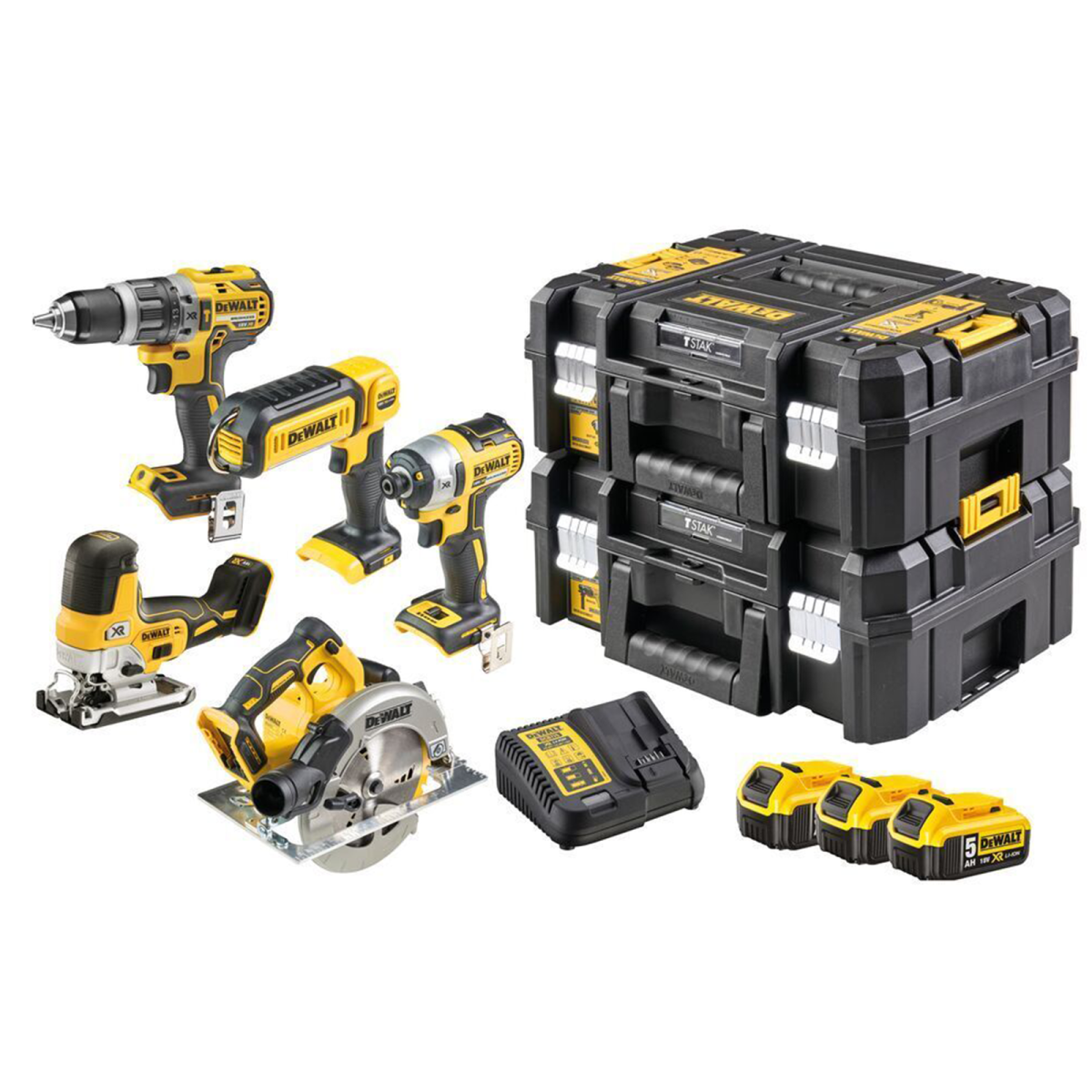 Kit 5 scule 18V Surubelnita cu impact Li-Ion, 205 Nm, brushless (DCF887N) + Masina de gaurit cu percutie, Li-Ion, 70Nm, brushless (DCD796NT) + Ferastrau circular (DCS570) + Ferastrau vertical (DCS335) + Lanterna (DCL050)