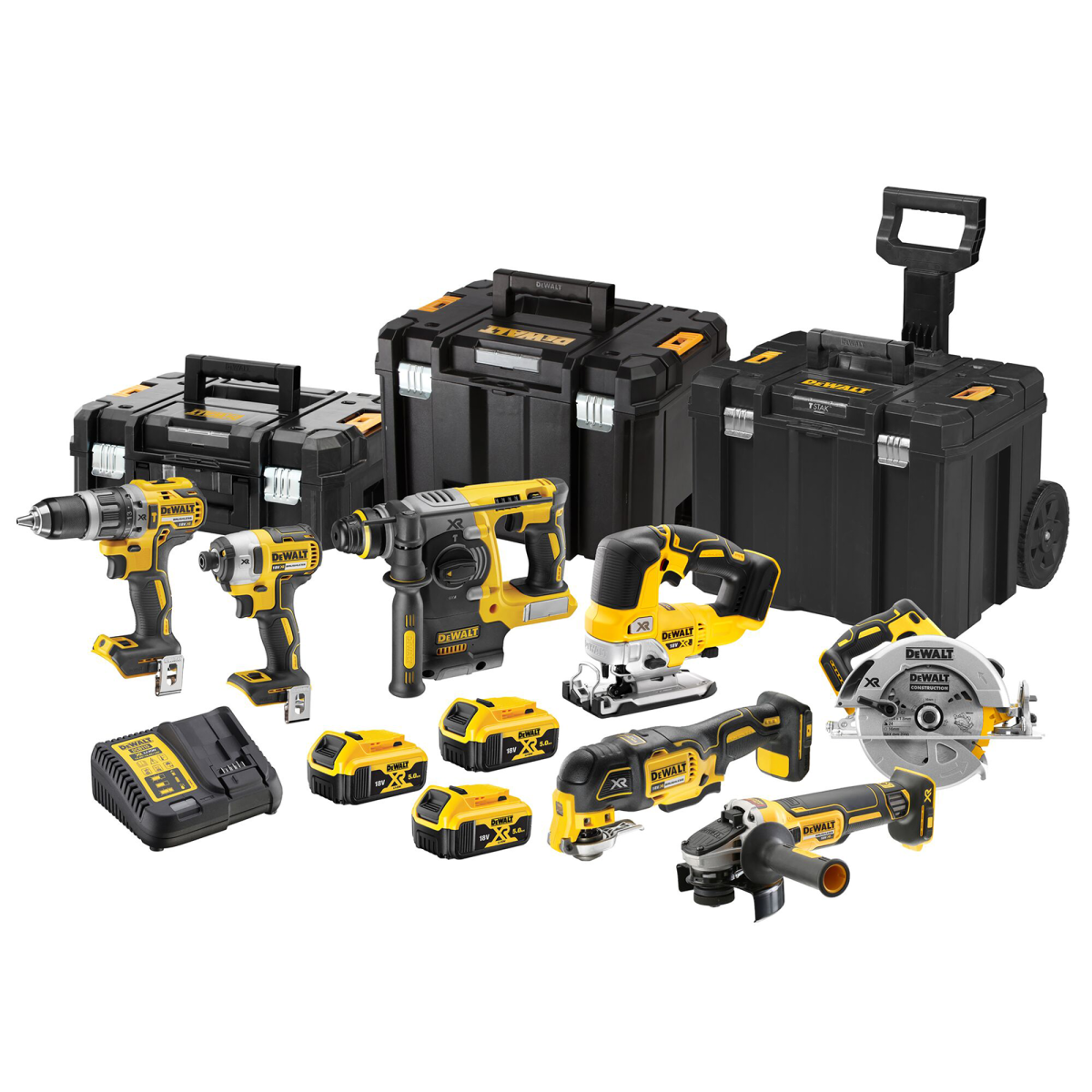 Kit 7 scule 18V Surubelnita cu impact Li-Ion, 205 Nm, brushless (DCF887N) + Masina de gaurit cu percutie, Li-Ion, 70Nm, brushless (DCD796NT) + Ciocan Rotopercutor Li-ion, brushless, 2.1 J (DCH273N) + Polizor unghiular Li-Ion, brushless, Ø125 mm (DCG405N) + Ferastrau circular (DCS570) + Ferastrau vertical (DCS334) + Multicutter (DCS355)