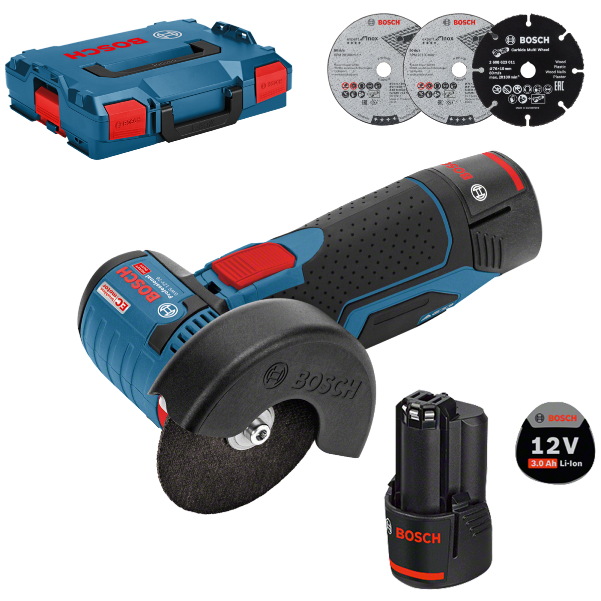 GWS 12V-76, Polizor unghiular cu 2 acumulatori Li-Ion, 3Ah, brushless, Ø76 mm + L-Boxx