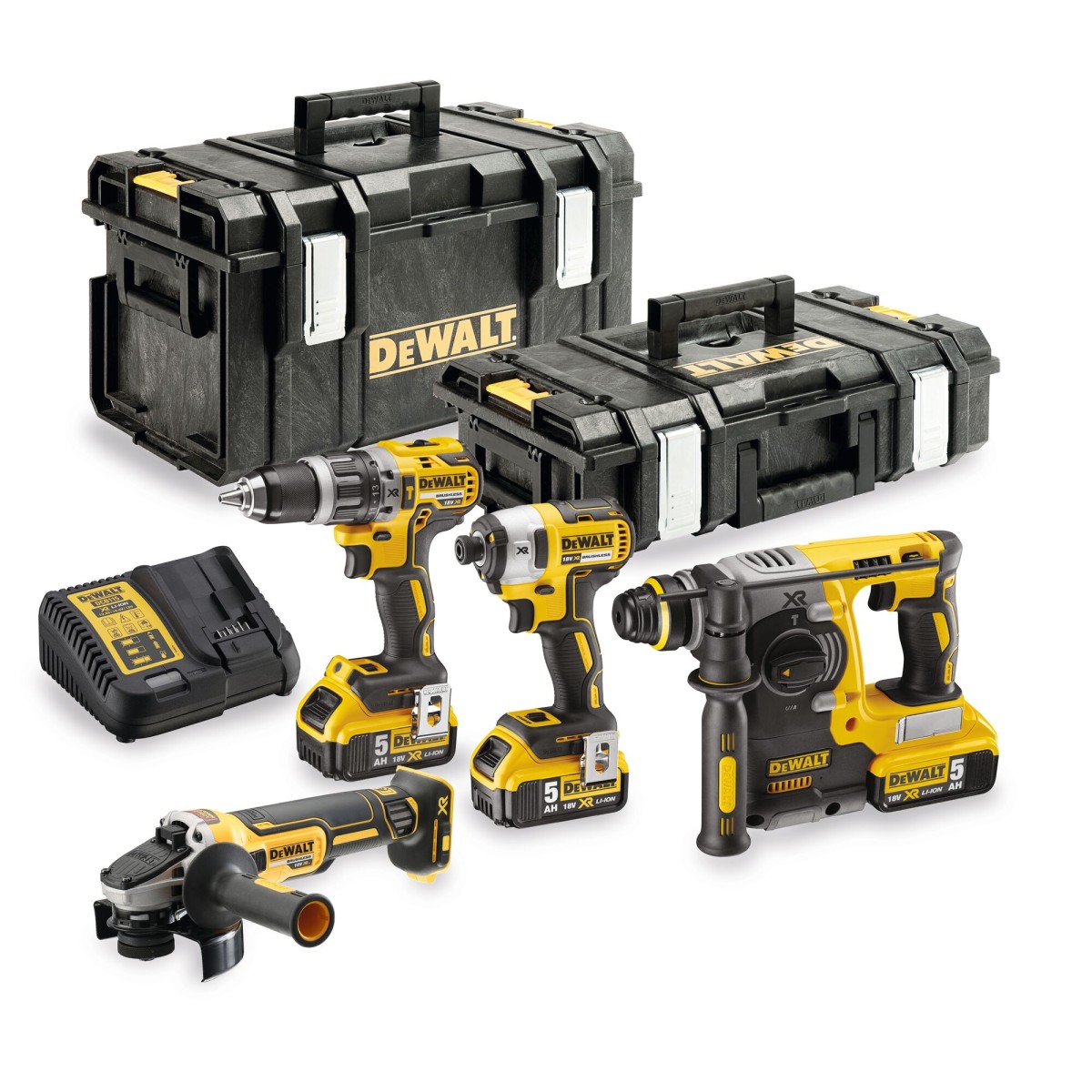 Kit 4 Scule 18V, Surubelnita cu impact Li-Ion, 205 Nm, brushless (DCF887N) + Polizor unghiular Li-Ion, brushless, Ø125 mm (DCG405N) + Ciocan Rotopercutor Li-ion, brushless, 2.1 J (DCH273N) + Masina de gaurit cu percutie, Li-Ion, 70Nm, brushless (DCD796NT)