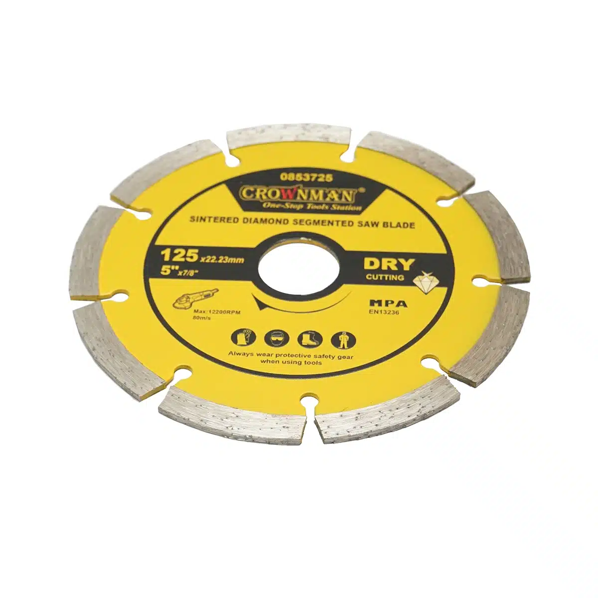 Disc diamantat segmentat 125x22.23mm, viteza max. 12200rpm, taiere uscata pentru beton, piatra, granit