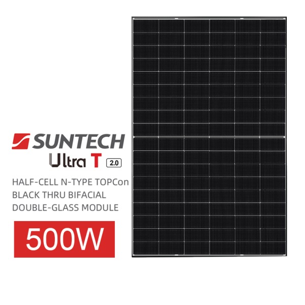 Panou Solar Suntech Ultra T 2.0 500W HALF-CELL N-TYPE TOPCon  BLACK THRU BIFACIAL DOUBLE-GLASS MODULE