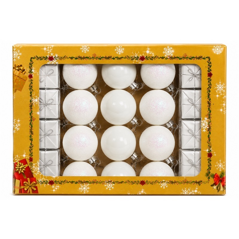 SET ORNAMENTE PLASTIC DE CRACIUN / ALB - 40P.