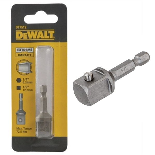 DeWalt Adaptor impact de la HEX 1/4" la patrat 1/2" 52mm DT7512-QZ