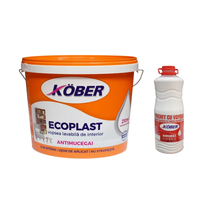 Vopsea lavabila interior Ecoplast, antimucegai, alba, 15 L cu amorsa Kober 3 L