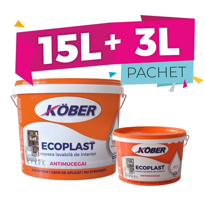 Vopsea lavabila interior Ecoplast, antimucegai, alba, 15 L cu vopsea lavabila interior Ecoplast, 3 L